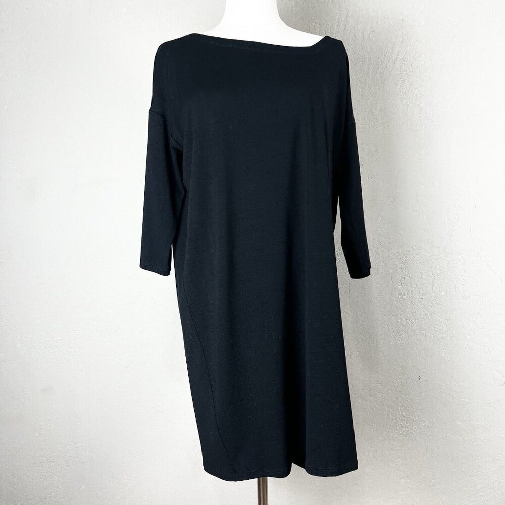 Eileen Fisher Dress‎ Tunic Black Jersey Asymmetric Neckline Size Medium Petite